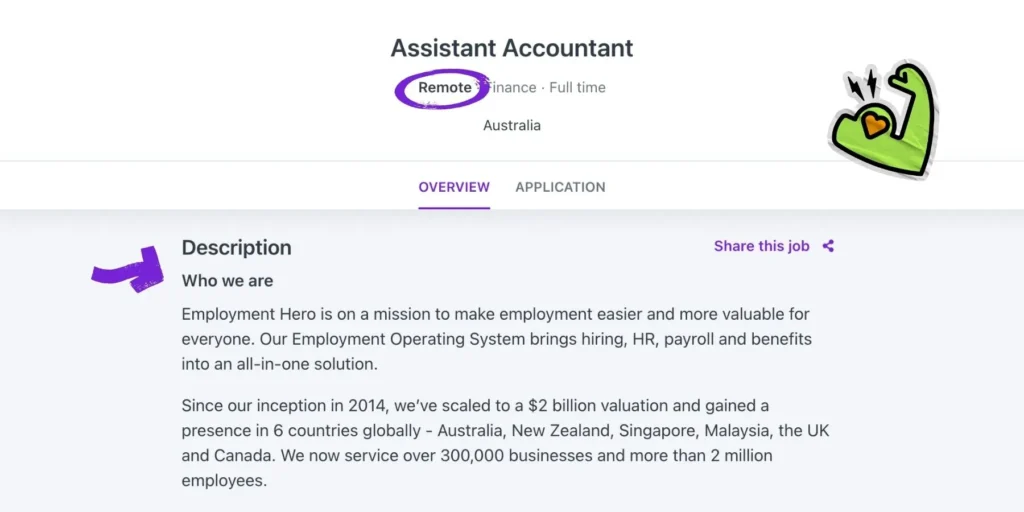 Job ad for Assistant Accountant role at Employment Hero. Remote role with company description and cartoon flexed arm icon.