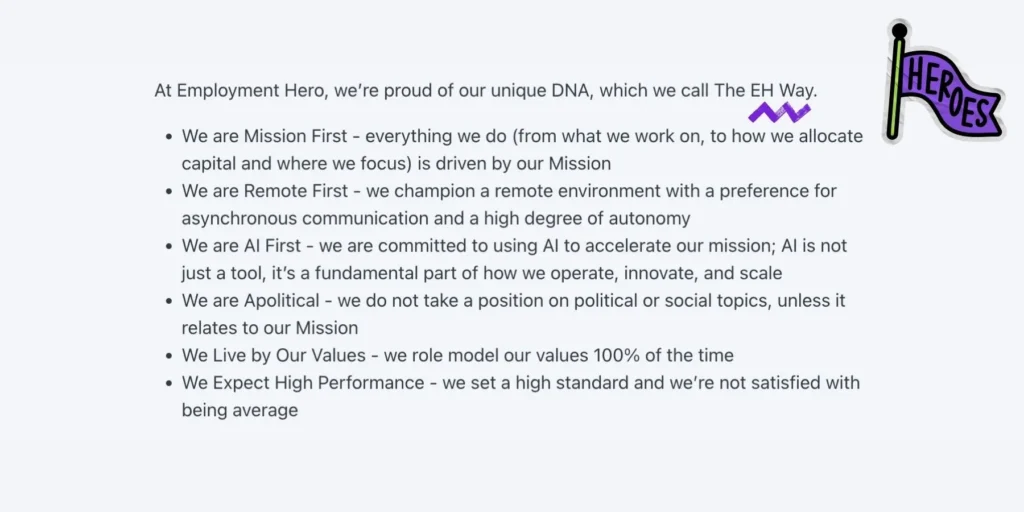 List of Employment Hero company values like Mission First and AI First, alongside a cartoon heroes flag icon.