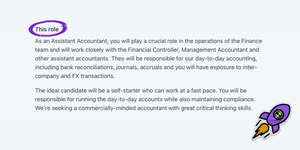 Role description for Assistant Accountant, detailing responsibilities and ideal candidate traits. Rocket graphic shown.