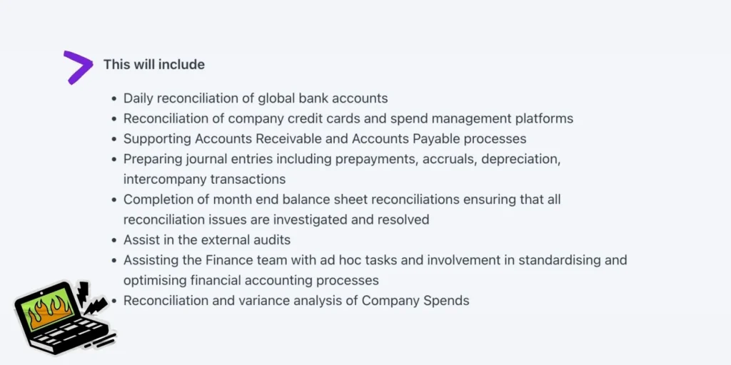 Bullet list of accounting tasks for Assistant Accountant role, like reconciliations and audits. Flaming laptop graphic.