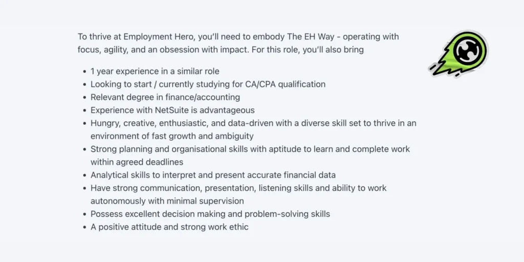 Candidate qualifications for Employment Hero job, including CA/CPA studies and financial skills. Green swirl graphic.