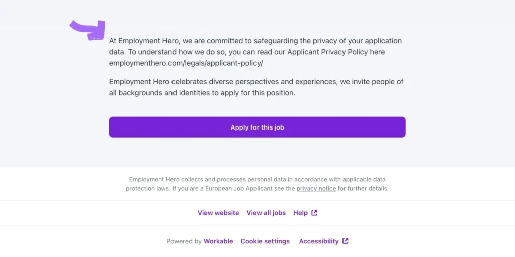 Apply for this job section with privacy notice and inclusion message. Purple apply button and website links below.