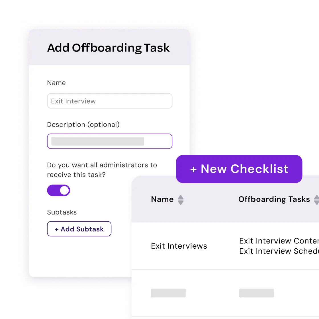 A digital interface shows the creation of an exit interview task and a checklist for offboarding processes.