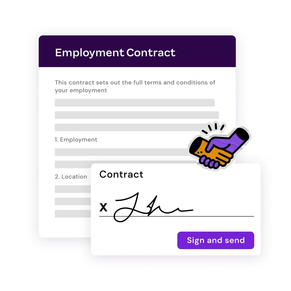 A digital employment contract form is displayed with a signature section and handshake graphic, ready to be signed and sent.