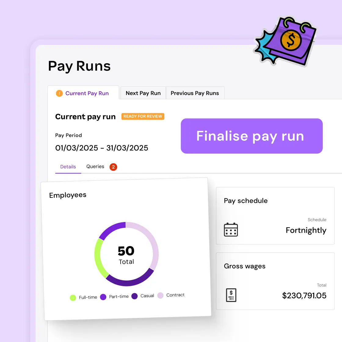 A payroll dashboard shows a breakdown of employee types, pay schedule, and total gross wages, with a prominent "Finalise pay run" button.