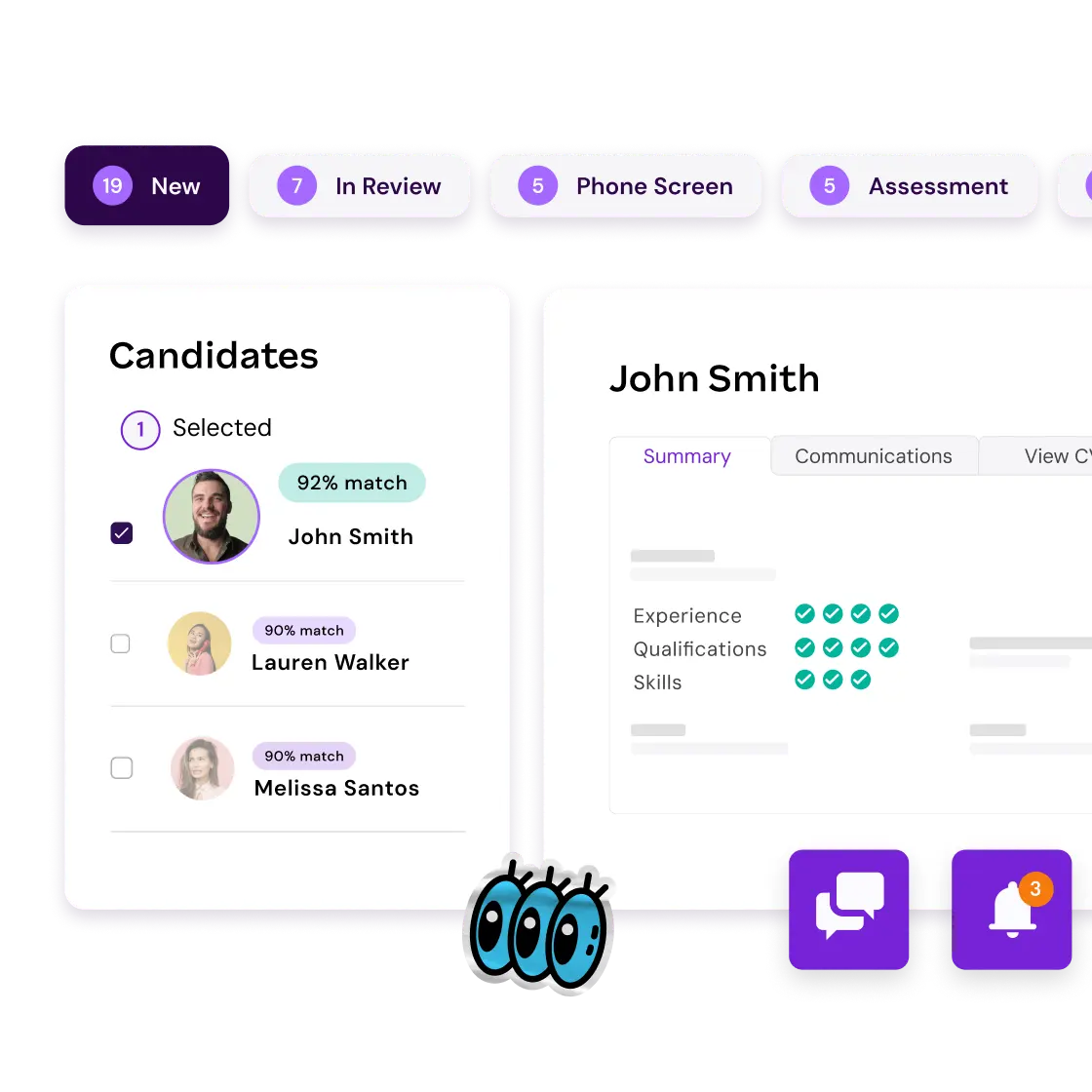 A recruitment platform interface displays candidate profiles and application stages, highlighting a selected candidate.