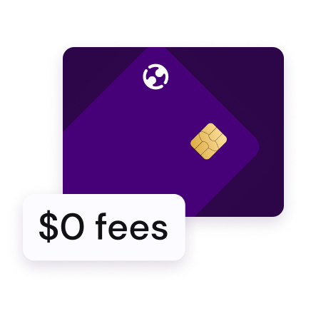 Illustration of a purple debit card with a label indicating "$0 fees."