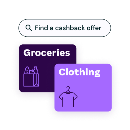 Interface showing a search bar labeled “Find a cashback offer” with icons for cashback categories like groceries and clothing.