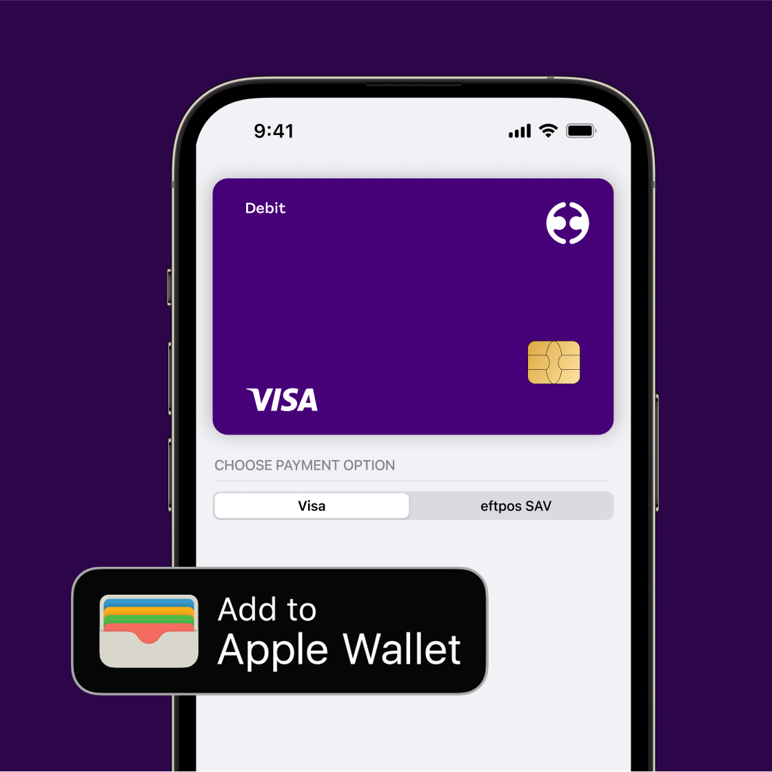 A smartphone screen displays a purple Visa debit card with the option to add it to Apple Wallet.