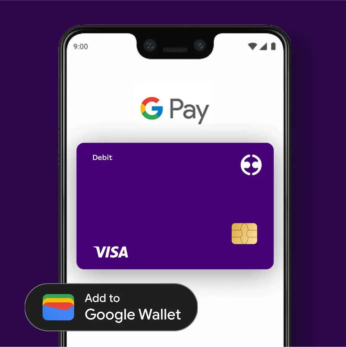 A purple debit card is shown on a smartphone screen with the Google Pay logo and “Add to Google Wallet” button.