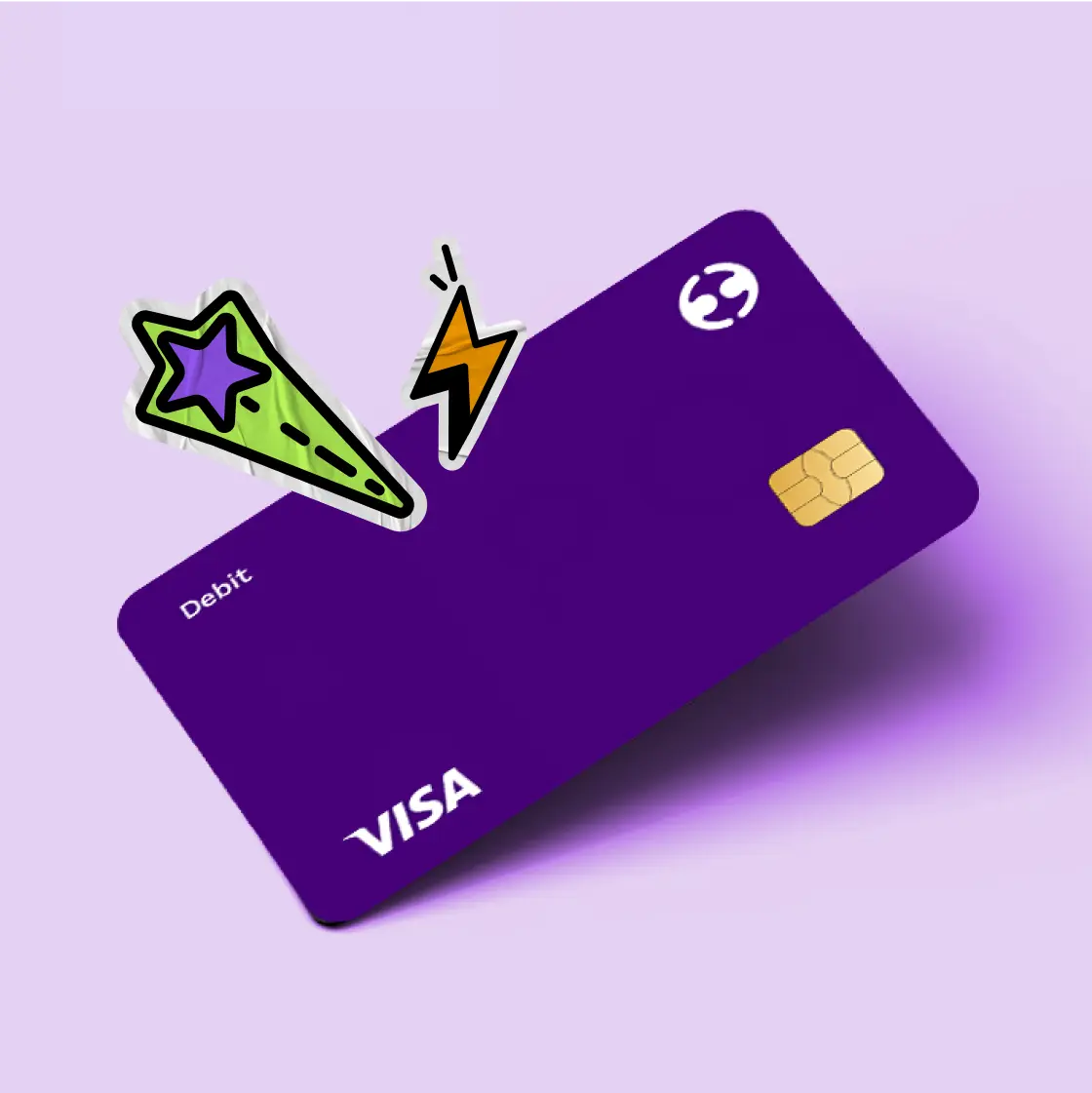 A stylized image of a purple Visa debit card with energetic graphics emphasizing speed and simplicity.