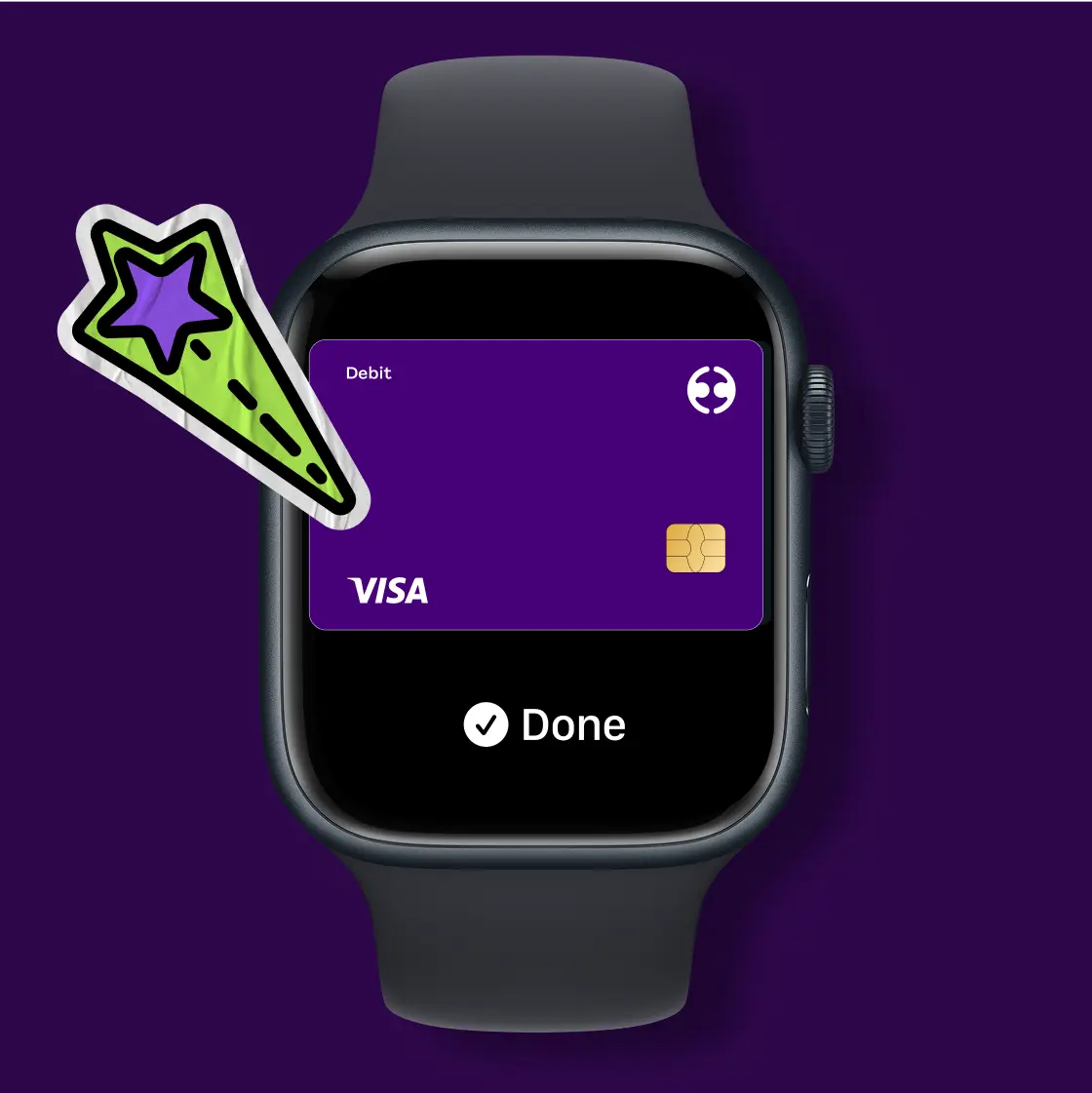 A smartwatch displays a digital purple Visa card with a “Done” confirmation, indicating successful setup.