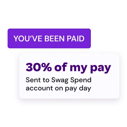 A confirmation card shows 30% of a paycheck being automatically sent to a Swag Spend account on payday.