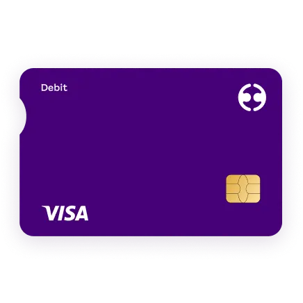 A close-up of a physical purple Visa debit card with chip, against a neutral background.
