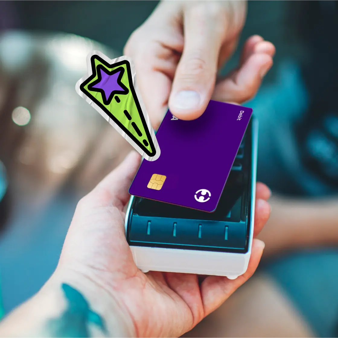 A person uses a contactless payment terminal by tapping a purple Visa debit card, highlighted with a magic wand graphic.