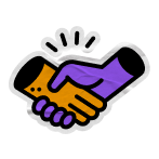 An icon of a purple rubber stamp pressing down on a green oval with a purple star, with green flames behind it.