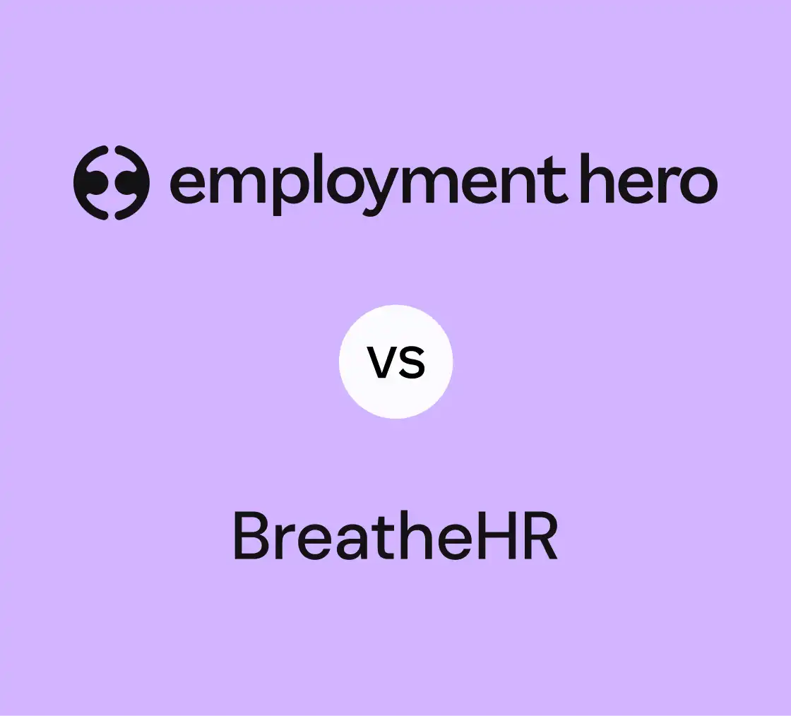 Purple background with black text: "employment hero" at the top, "vs" in a white circle centered, and "BreatheHR" at the bottom. Tone: neutral comparison.