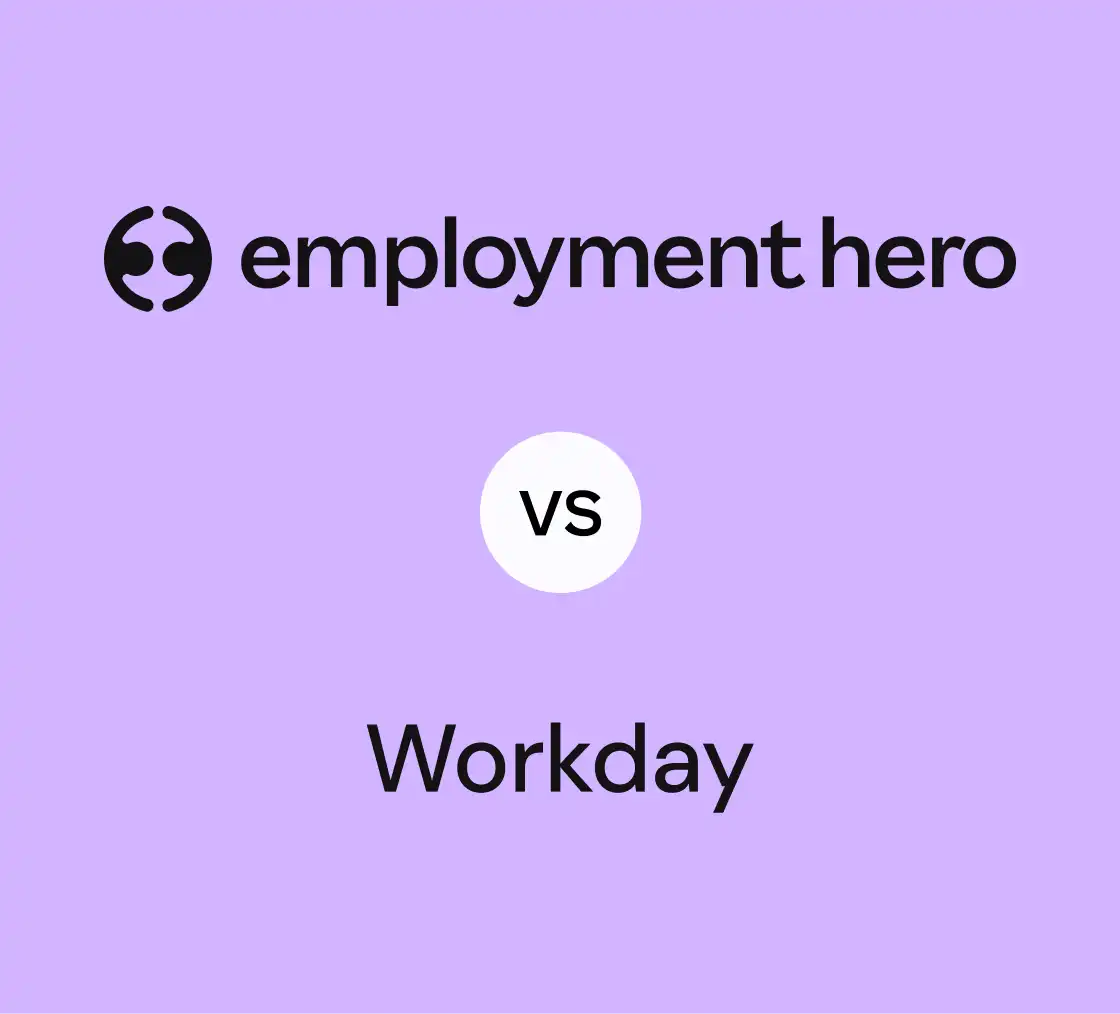 Logos of "Employment Hero" and "Workday" on a light purple background, separated by a white circle with "vs" in black, signifying a comparison.