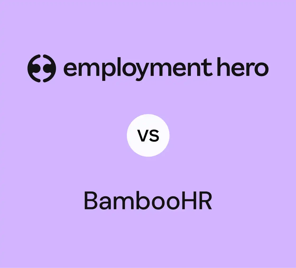 Text on a purple background compares "Employment Hero" with "BambooHR", separated by a white circle with "vs" in black, indicating a contrast.