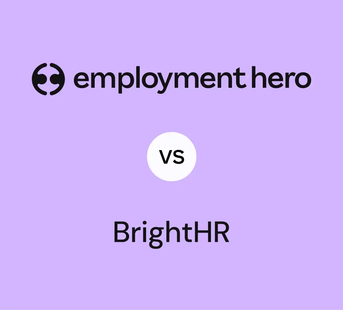 Purple background image showing "employment hero" logo at the top, "vs" in a white circle in the middle, and "BrightHR" text at the bottom.