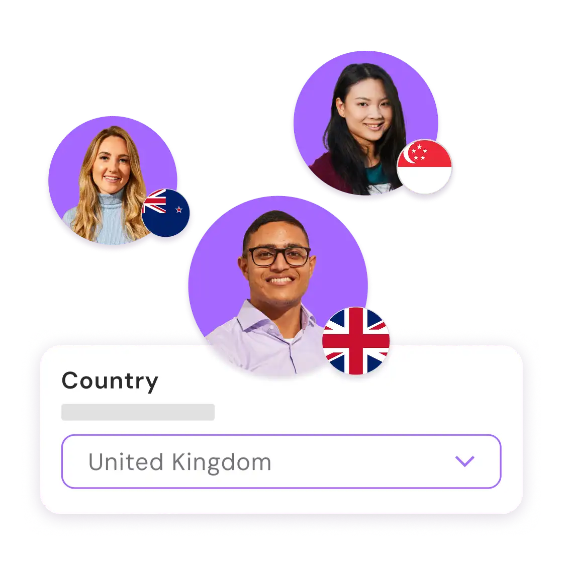 Three circular portraits represent people from New Zealand, Singapore, and the UK. Below, a dropdown menu shows "Country: United Kingdom."