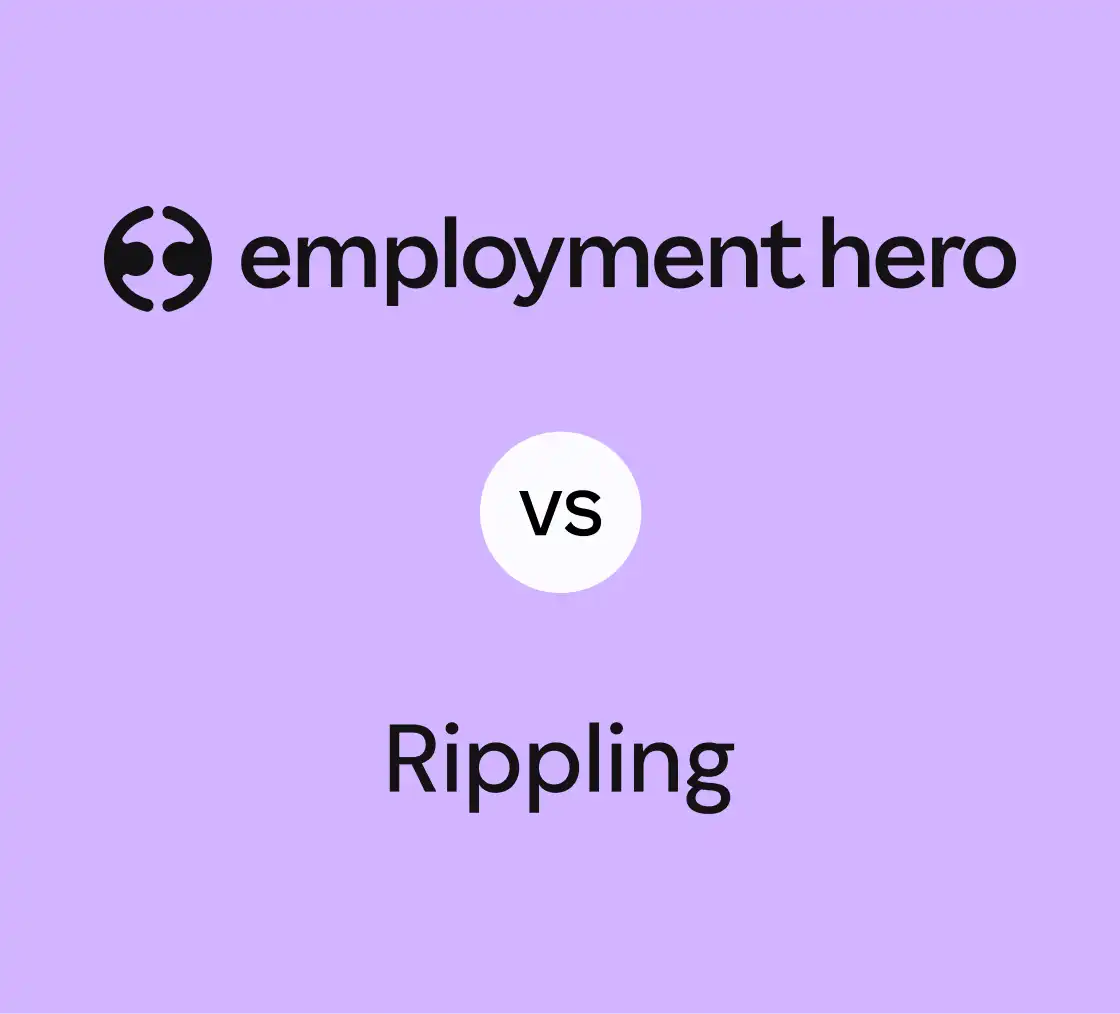 Purple background with "employment hero" at the top, "Rippling" at the bottom, and a white circle in the middle with "vs" in black, indicating comparison.