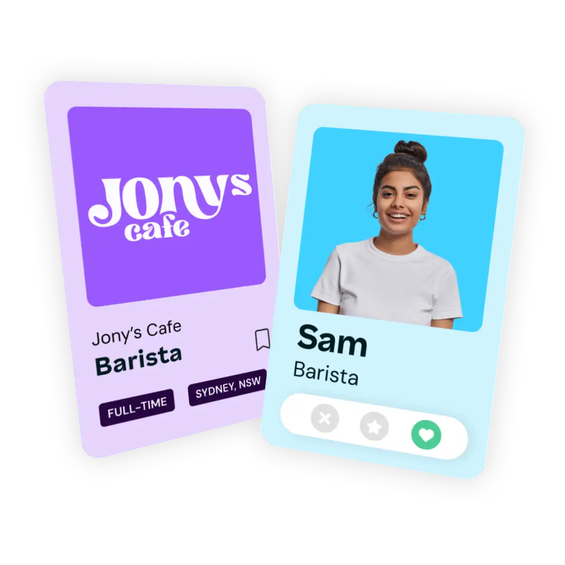 Two cards; the first card shows "Jony's Cafe" with job details for a barista position. The second features a smiling person named Sam, identified as a barista.