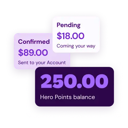 "Black background with three purple and white boxes showing financial balances: Confirmed $89, Pending $18, and 250 Hero Points balance."