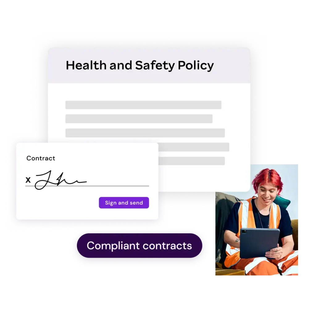 Alt text: "Image of a Health and Safety Policy document with a digital signature section. A person in high-vis clothing uses a tablet. Text: 'Compliant contracts.'"