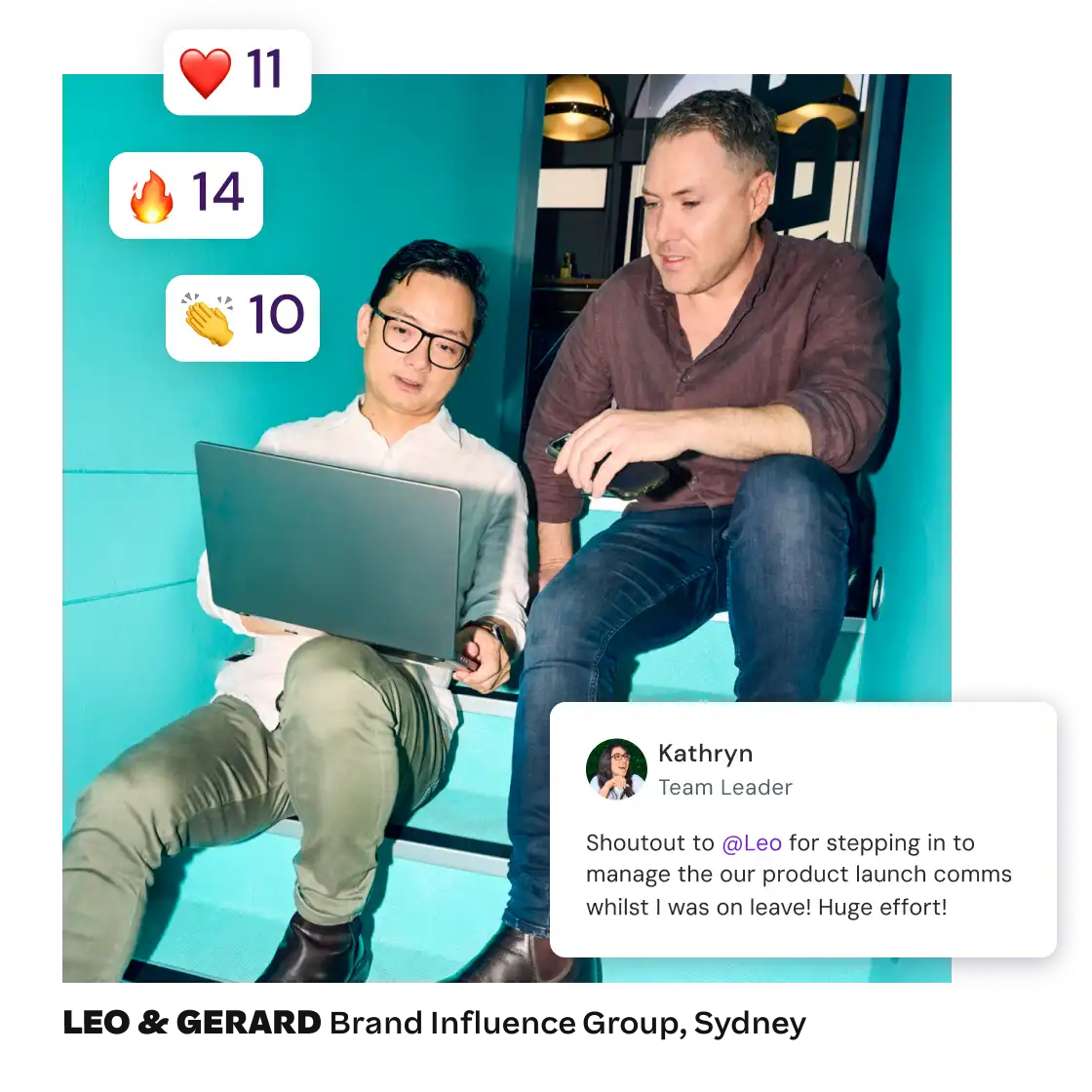 Two people sitting on turquoise steps; one holds a laptop. Emojis and a comment label express appreciation. The scene conveys teamwork and gratitude.