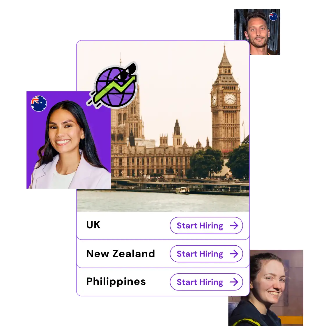 Smiling woman against purple and a man and woman to the right, overlaying Big Ben in London. Below, "UK, New Zealand, Philippines" with "Start Hiring" buttons.