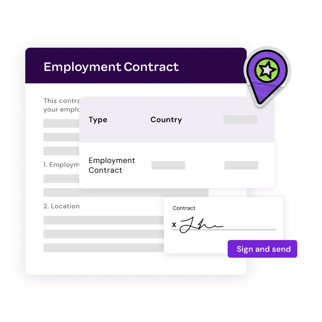 Employment contract form with fields for type and country. A digital signature section is visible, highlighted with a "Sign and send" button.
