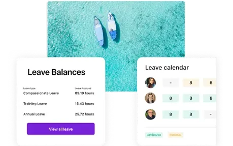 “Employee leave management interface showing leave balances, leave calendar, and an aerial view of two boats on turquoise water.”