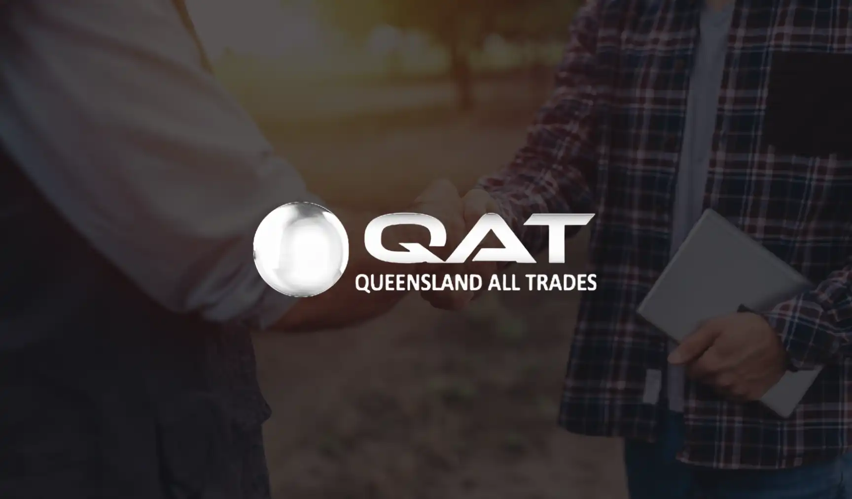Two people shaking hands, one holding a tablet, with a logo overlay for Queensland All Trades. The background is outdoors with a warm, collaborative tone.