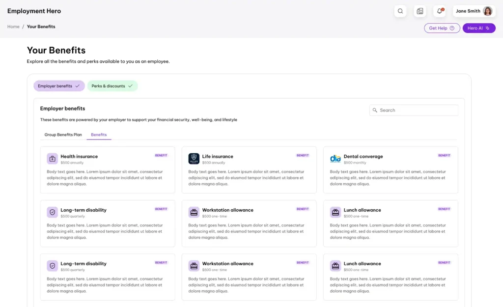 Screenshot of a benefits dashboard on Employment Hero. It lists benefits like health insurance, workstation allowance, and dental coverage, each with brief descriptions.