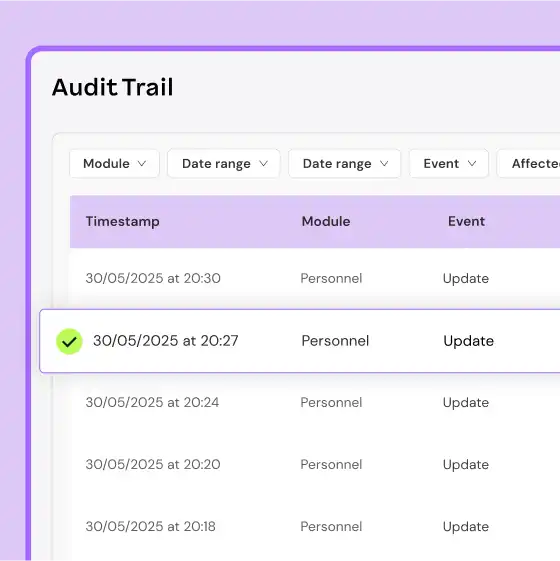 Audit trail interface with a highlighted entry. Displays timestamps, modules, and events in a table. The entry "30/05/2025 at 20:27" is marked with a green check.