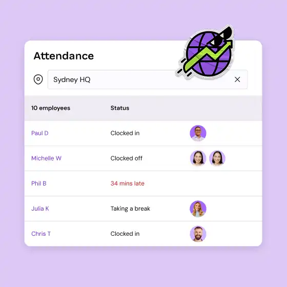 Attendance list for Sydney HQ on a purple background. Five employees with statuses: Clocked in, Clocked off, late, and on break. Desk icon with green arrow.