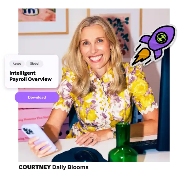Smiling woman in a floral dress holds a smartphone at a desk. A “Download Intelligent Payroll Overview” button and rocket graphic are visible.