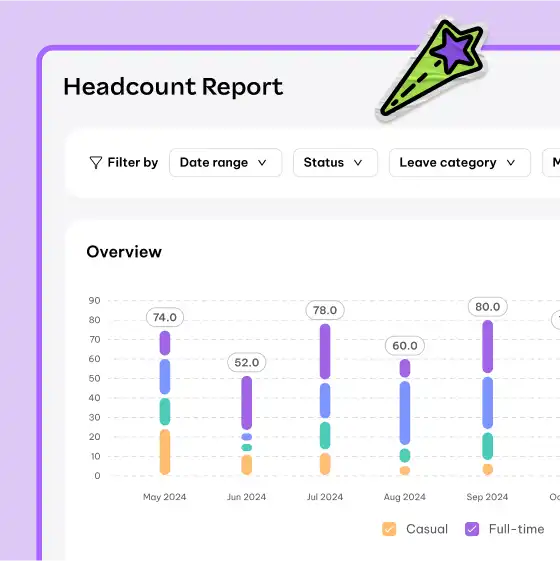 Headcount report with a colorful bar chart showing casual and full-time employee numbers from May to September 2024. Filters are displayed above.