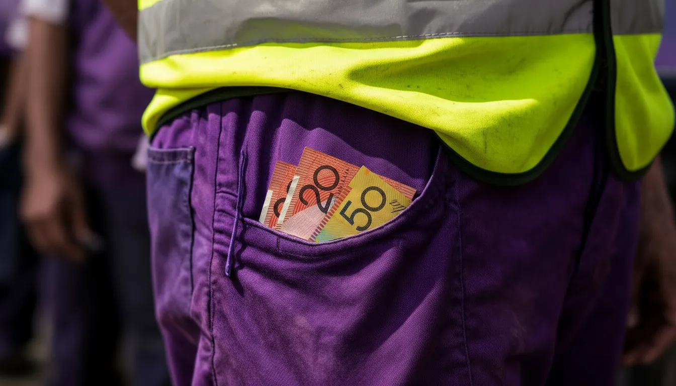 Bills inside the pocket of a purple pants