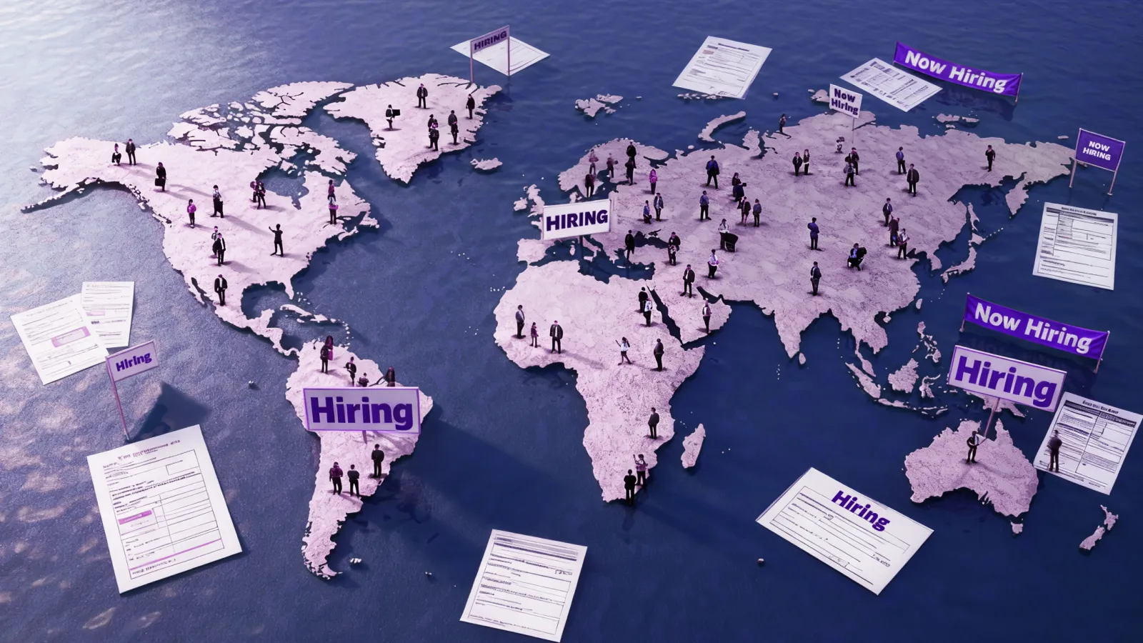 A world map illustration shows people and “Hiring” signs across various regions, representing global recruitment.