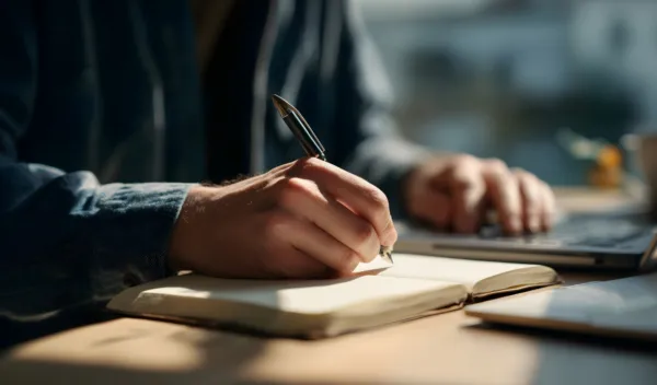 Close up of a person writing on a journal