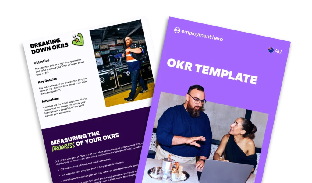 A printed OKR template guide with people reviewing goals and key results, branded with Employment Hero.