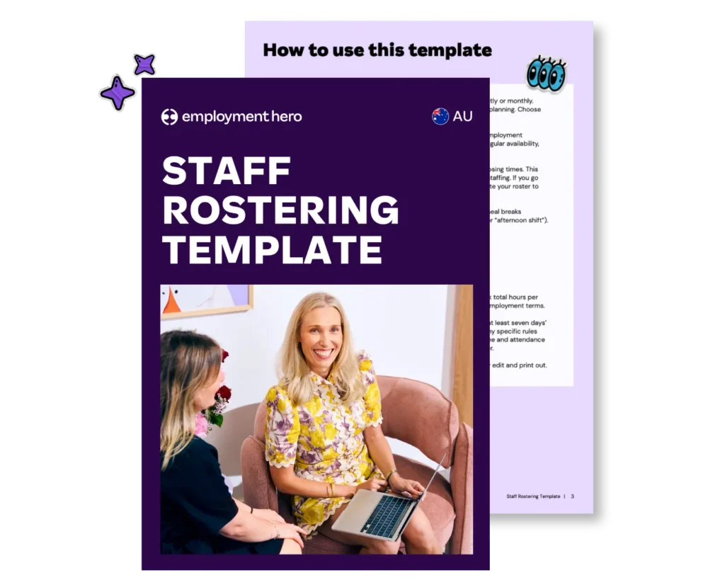 Document preview of the Employment Hero Staff Rostering Template, displaying the cover and a page with instructions on how to use the template.