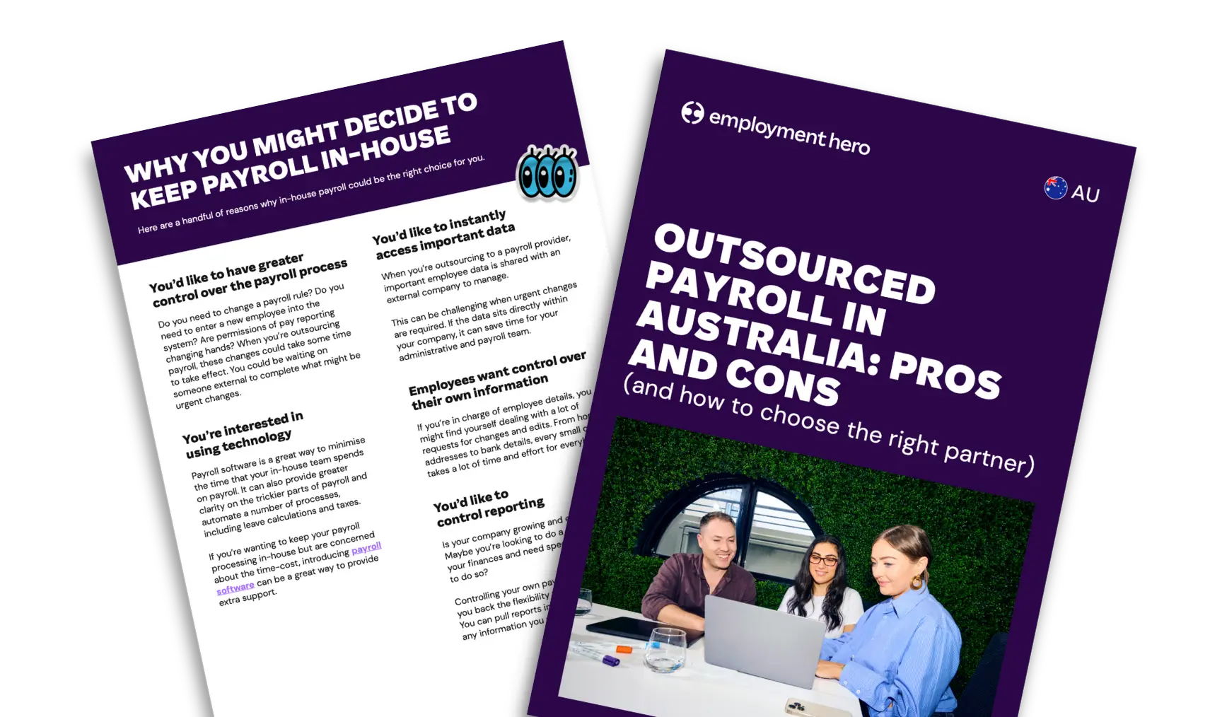 Alt text: "Two purple flyers. Left flyer: 'Why You Might Decide to Keep Payroll In-House' with bullet points on the benefits. Right flyer: 'Outsourced Payroll in Australia: Pros and Cons' featuring a photo of three people working on laptops in an office setting."