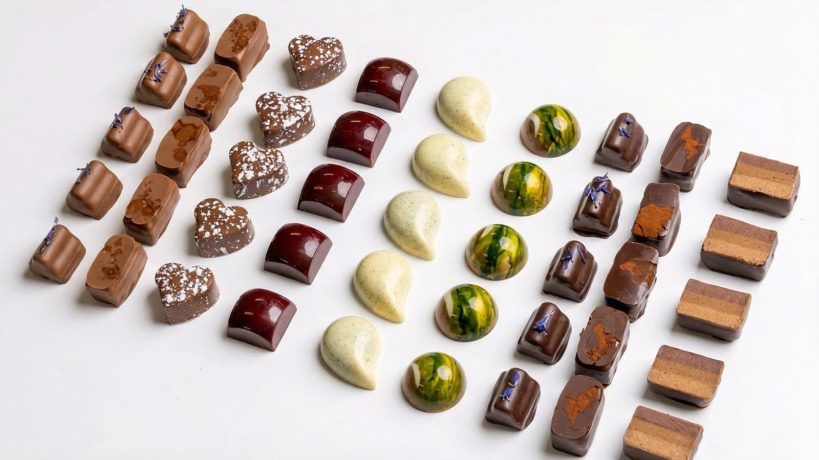 A professional, high-angle arrangement of assorted gourmet chocolates, including hearts, truffles, and filled squares, on a white surface.