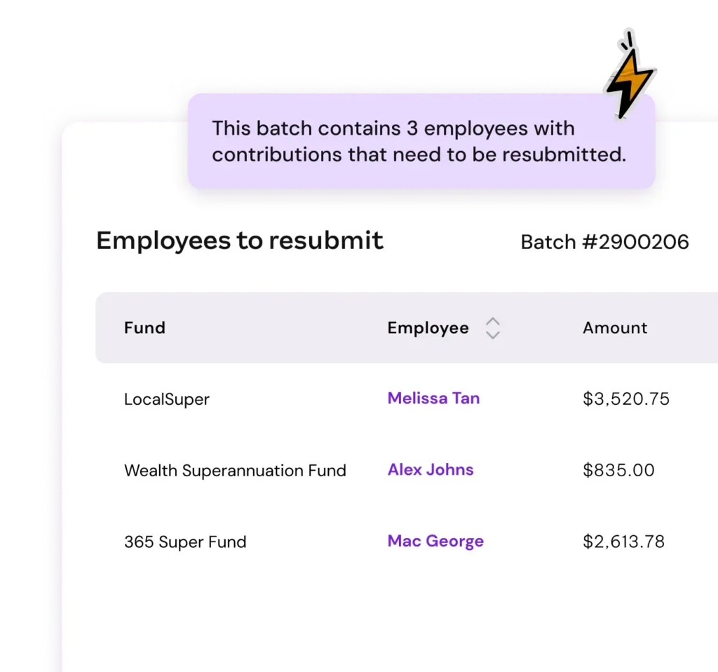 Purple notification with lightning icon states 3 employees need resubmission in batch #2900206. Lists employees, funds, and amounts to resubmit.