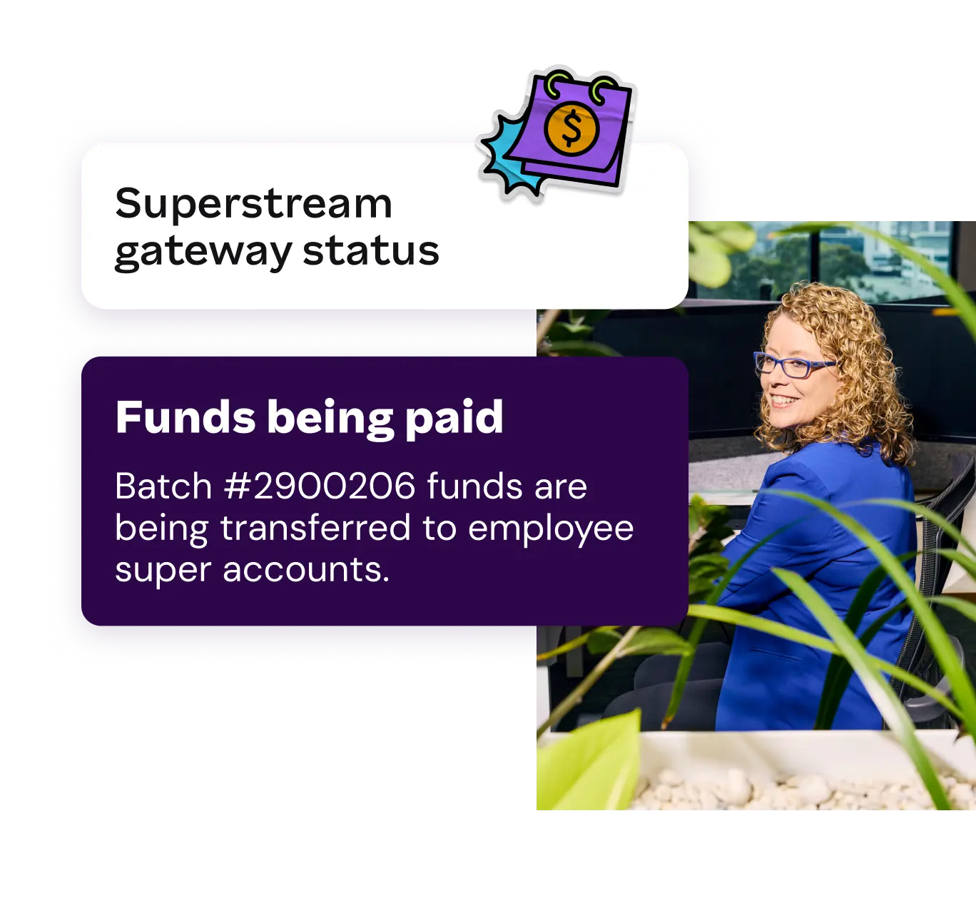 Alt text: "A table showing current payment details with three entries. Two labeled 'Error' in red for Robert Clements and Alice Makris, and one 'Warning' in yellow for Freya Zhang. Messages include resubmission requirements due to superannuation issues and a tax file number mismatch. A blue cartoon character is at the bottom."