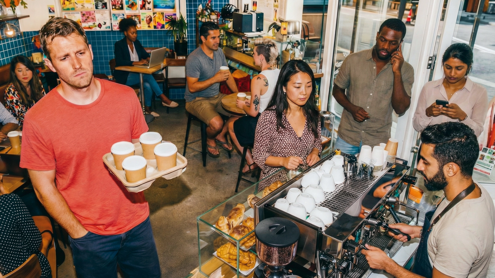 A crowded cafe with a barista making coffee and a man holding a tray of drinks.
