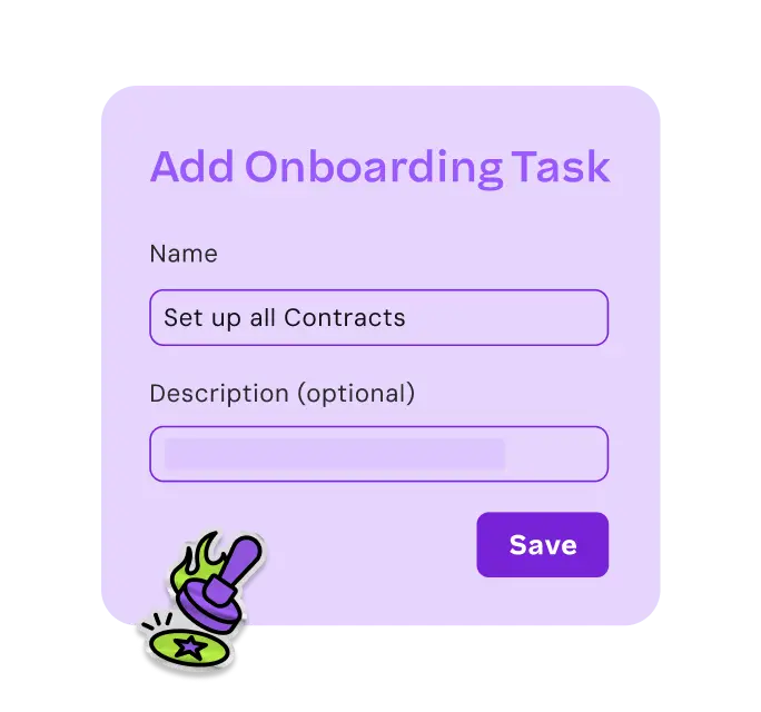 Purple form titled "Add Onboarding Task" with fields named "Set up all Contracts" and optional description. Green magic wand icon. "Save" button below.